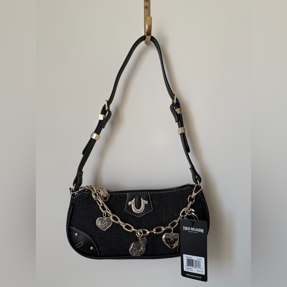 True Religion Denim Shoulder Bag with bag charm chain